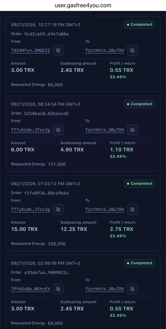 Subleasing feed with Completed orders: the top order shows 3 TRX paid, 2.45 TRX cost, 0.55 TRX difference, and 65,000 Energy.